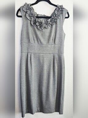 London Times Gray Ruffle Neck Sheath Dress Size 14 Career Cocktail